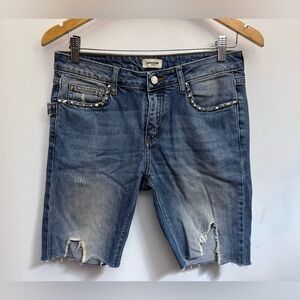 ZADIG & VOLTAIRE PARIS Denim Shorts 27 W30” EVA Distress Silver Studs Frayed Hem